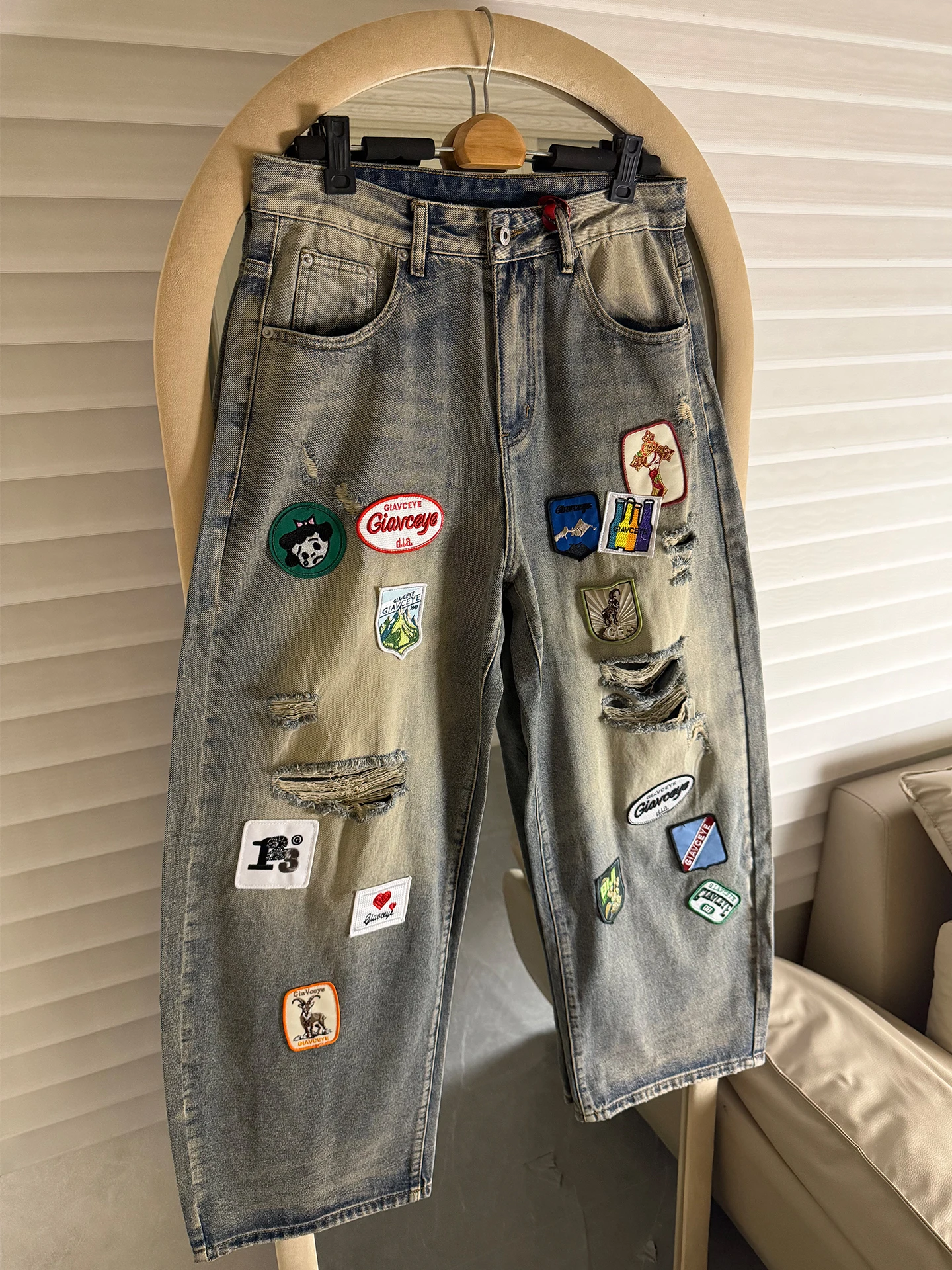 Calças Jeans Estilo Parisiense com Bordado Pesado e Patchwork, Marca Americana Vintage, Corte Solto e Reto para Homens e Mulh...