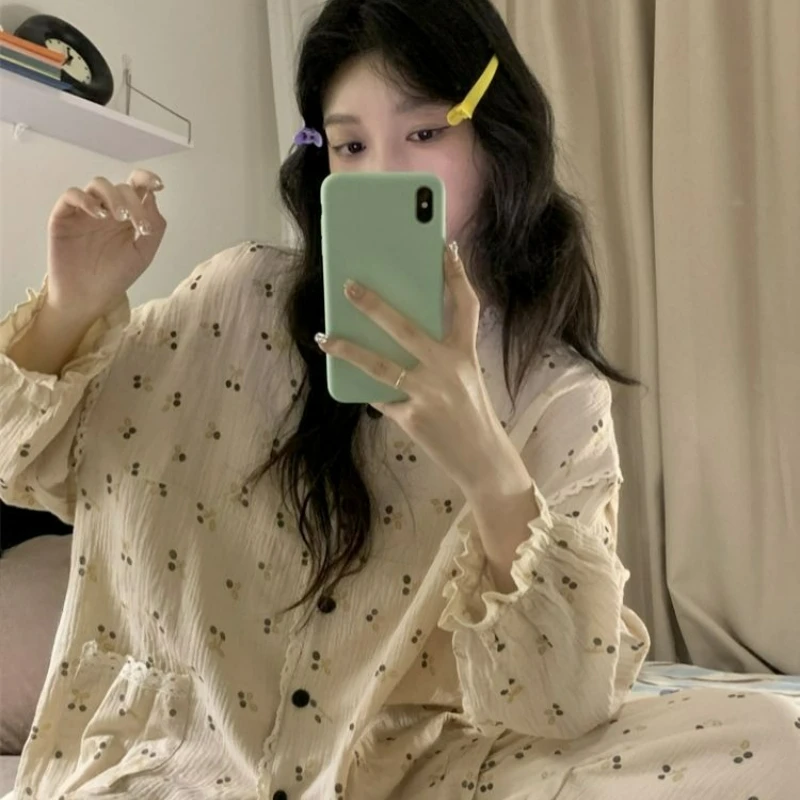 Pajamas Women Spring Autumn Korean Version Ins Sweet Lace Long Sleeves Trousers Internet Celebrity Loose Student Loungewear Suit