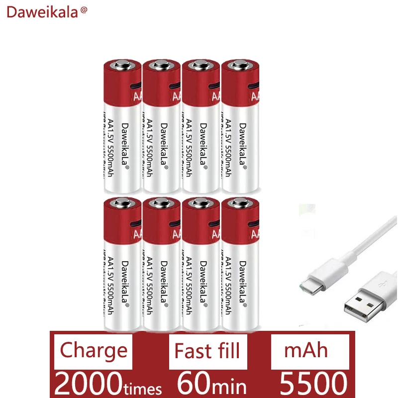 Daweikala-Bateria Li-ion recarregável AA USB, 1.5V AA 5500mAh, Relógio para brinquedos, MP3 Player, Termômetro, Teclado, Novo