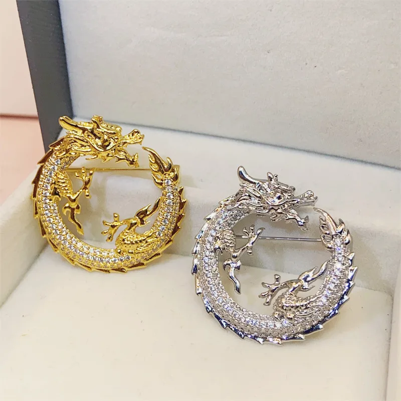 

Chinese Elements Spiral Semi-circular Zircon Gold Color Dragon Brooch UNISEX High End Banquet Decoration Brooch