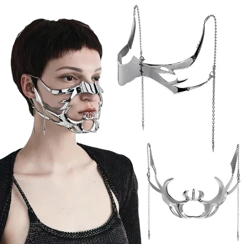 Metal Mechanical Chin Half Face Mask Cyberpunk Mask Face Chain Halloween Face Jewelry