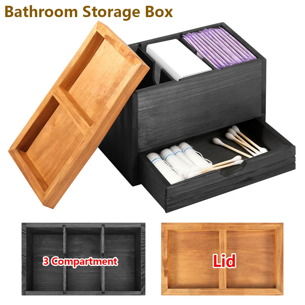 

Ящик для хранения в ванной комнате, деревянный ящик для тампонов с крышкой и ящиком, 3-х отделений, органайзер для женских продуктов для столешниц в ванной комнате