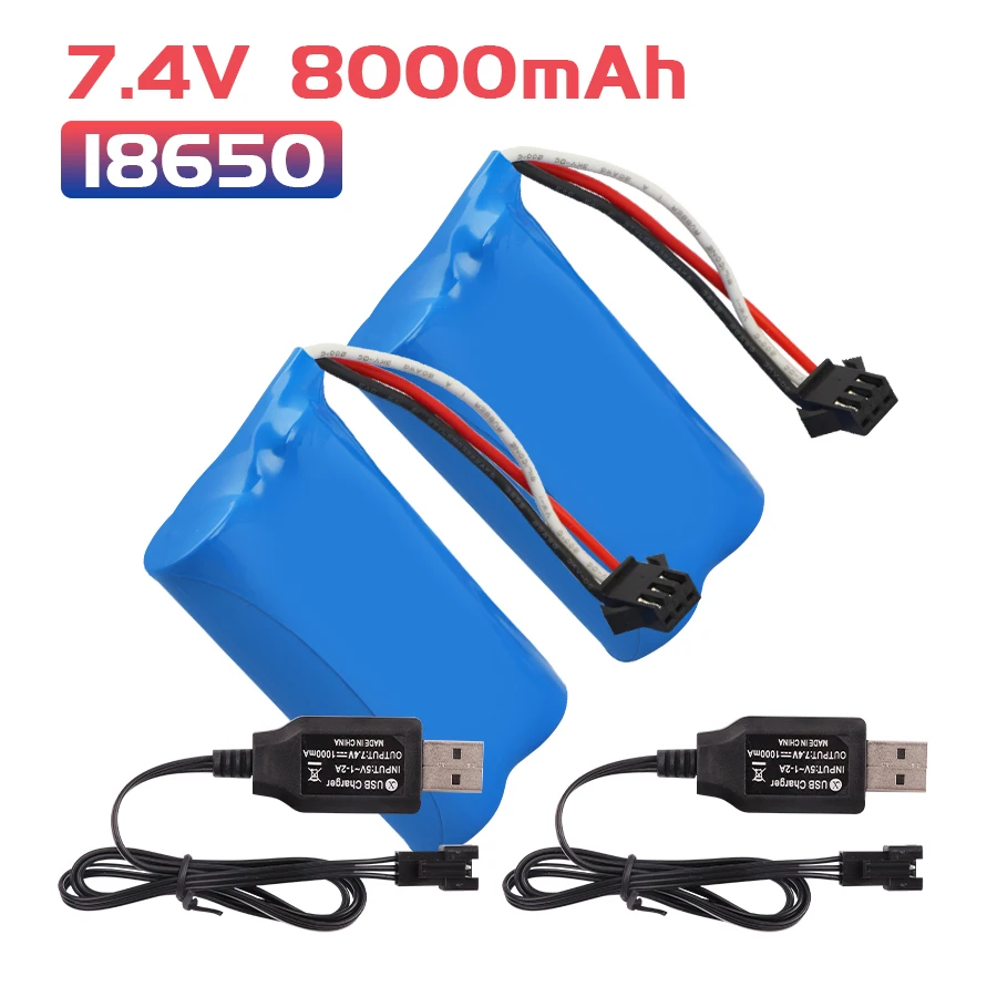 

Литий-ионный аккумулятор 7,4 В, 8000 мАч с USB-зарядным устройством для радиоуправляемых машинок MN82, MN128, MN78, LC79, 2S 18650 20C