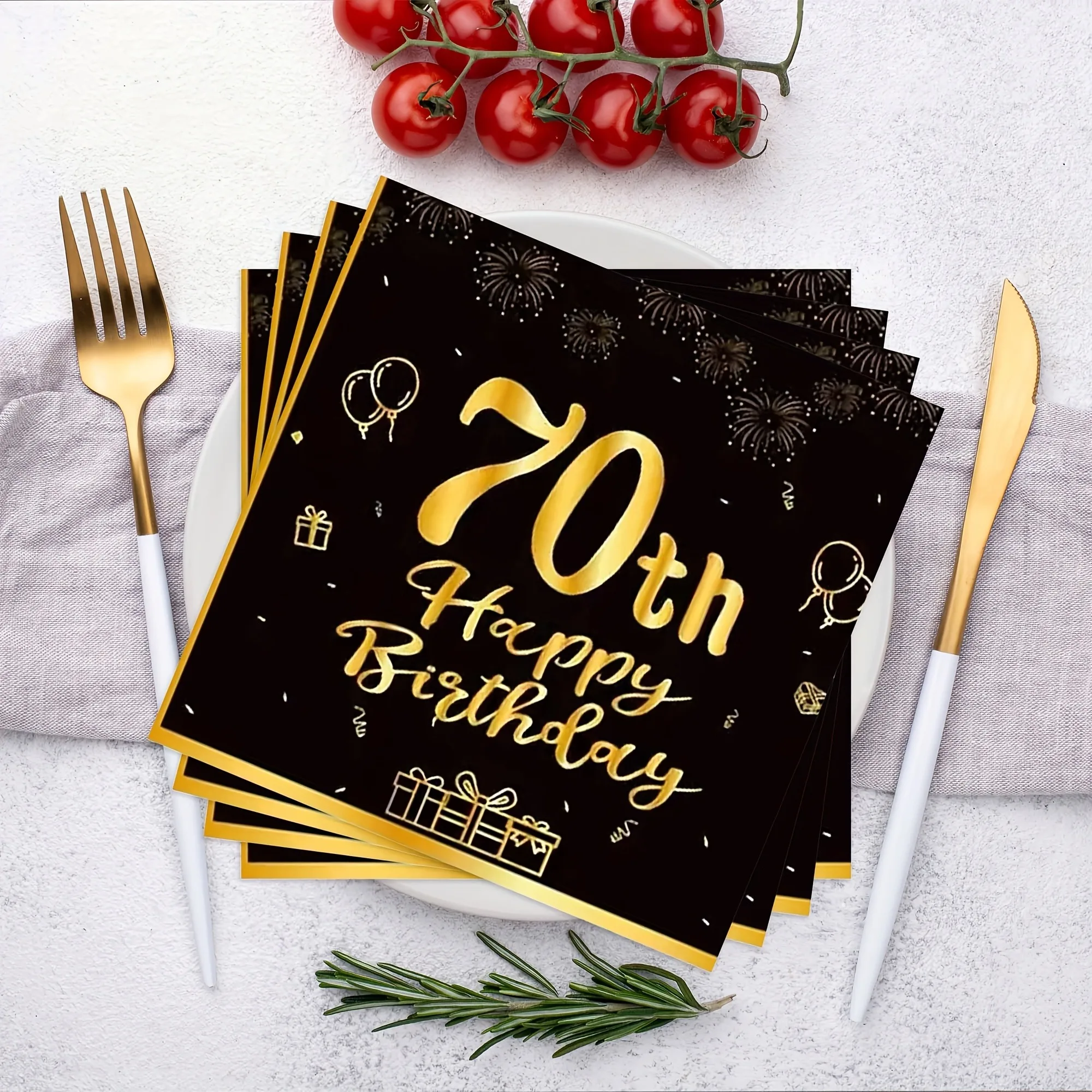 Glücklicher 18., 21., 30., 40., 50., 60. Geburtstag, schwarze und goldene Servietten, 20 Stück, Party-Servietten, 70. Geburtstag Servietten, Alles Gute zum 50. Geburtstag – Detail 10