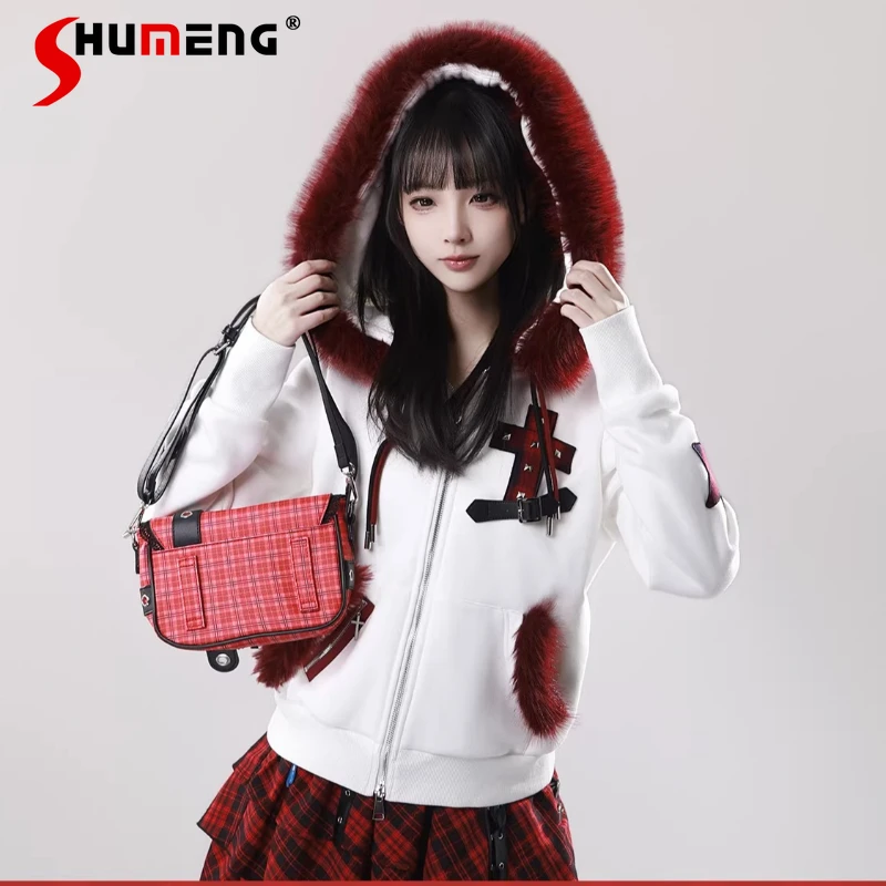 

Black And White 2-color Zipper Hooded Waist Plus Velvet Fur Collar Jacket Preppy Slimming Contrast Color Leather Buckle Outwear