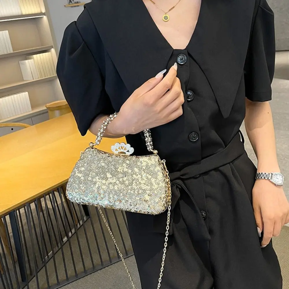 

Elegant Metal Top Handle Evening Banquet Bag Sequin Wrist Bag Box Handbag Glitter Shoulder Bag Ladies Clutch Bag Party