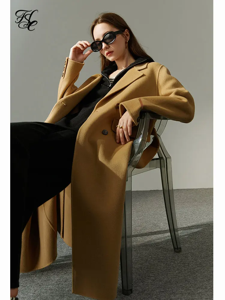 FSLE Classic Suit Collar Double-sided Cashmere Coat Women 2022 New Autumn Winter Korean Version Office Lady Woolen Long Coat