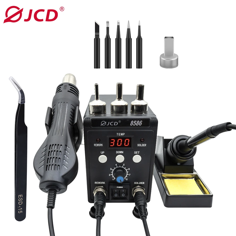 JCD Soldering Station 8586 2 IN 1 Hot Air Gun Solder Station with 2 Digital display,10-Minute Sleep Mode for SMD Rework 8586B4TK