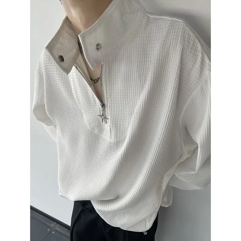 

White Turtleneck Zipper Solid Autumn Winter Fashion Long Sleeve Men Shirt Oversized Clothes Vintage England Style Euro Size Tops