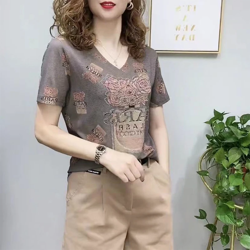 2023 Summer New Oversized Bronzing Print Loose Casual Short Sleeve T-shirt Female Trend Fashion All-match Pullover Top Women Tee