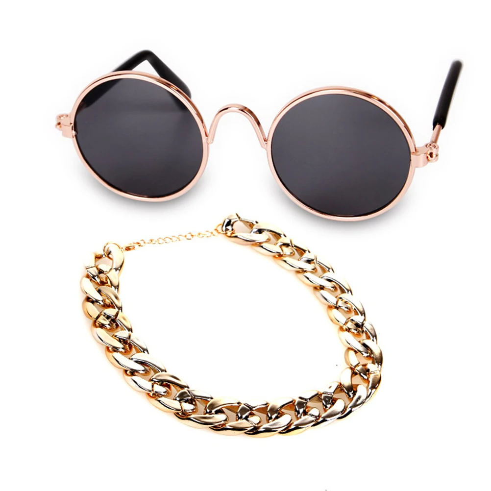 

3 Pcs Old Fashioned Pet Sunglasses + Retro Straw Hat Gold Necklace Vintage for Cats
