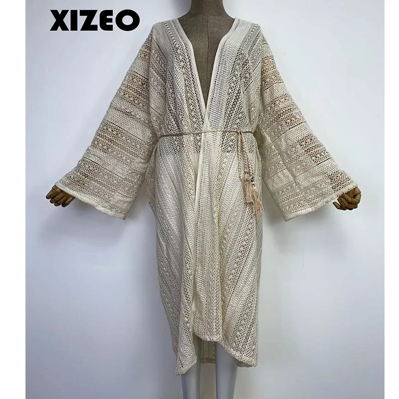 XIZEO Summer Beach Cover Up Women Cardigan Fashion Sexy Boho African Holiday Party Long Sleeve Silk Feeling Robe Kimono Kaftan