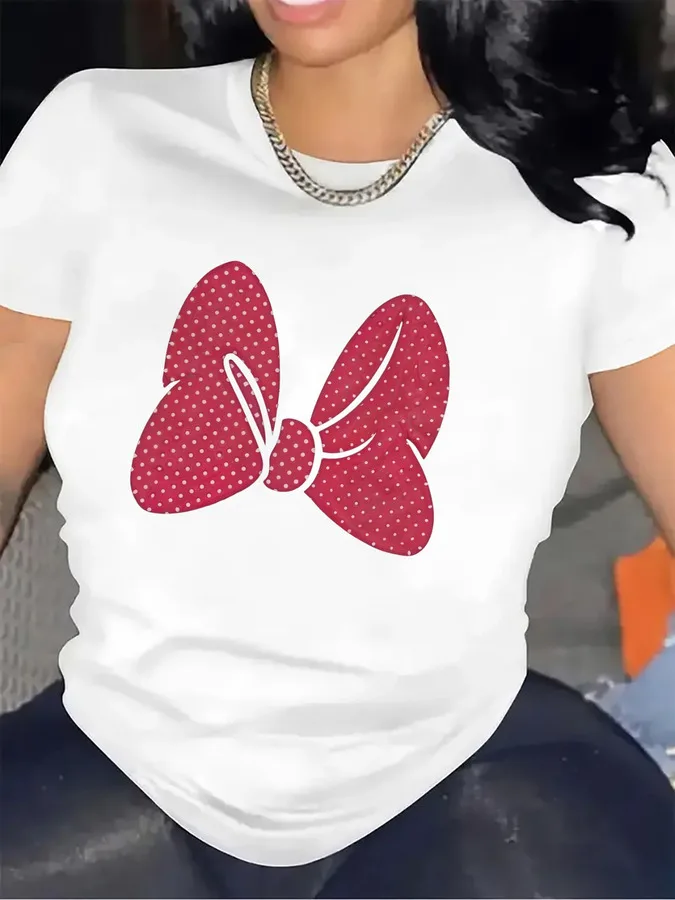 Polka Dot Bow Design Short Sleeve T-Shirt for Casual Dining Room Use, Made of Durable Polyester Fabric, Comfortable and Lightwei