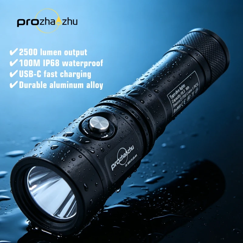 lampe-de-plongee-prozhaozhu-dl-b50-plus-noire-2500-lumens-usb-c-etanche-ip68-100-m-sous-l'eau