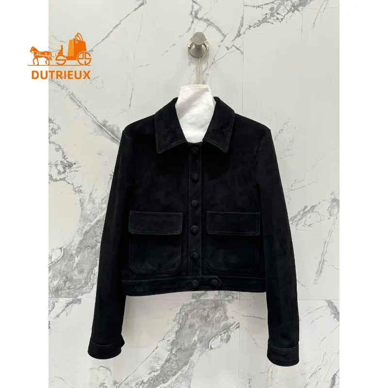 Winter Leather Jacket Lapel Double Pockets Waist Cuffs with Buttons, 100% Genuine Sheepskin Fashion Versatile Women's Coat
