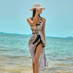 Woman One Piece With Cover up Swimwear Gray Angel Printed Tight-fitting Body Suit Beach Wear Ladies Sexy Bathing Suit