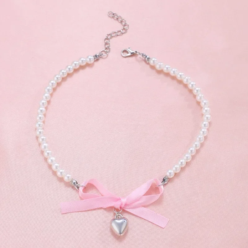 2024 New French Romantic Pink Bow Love Pendant Pearl Necklace Female Sweet and Pure Desire Neckchain Collar Chain Female