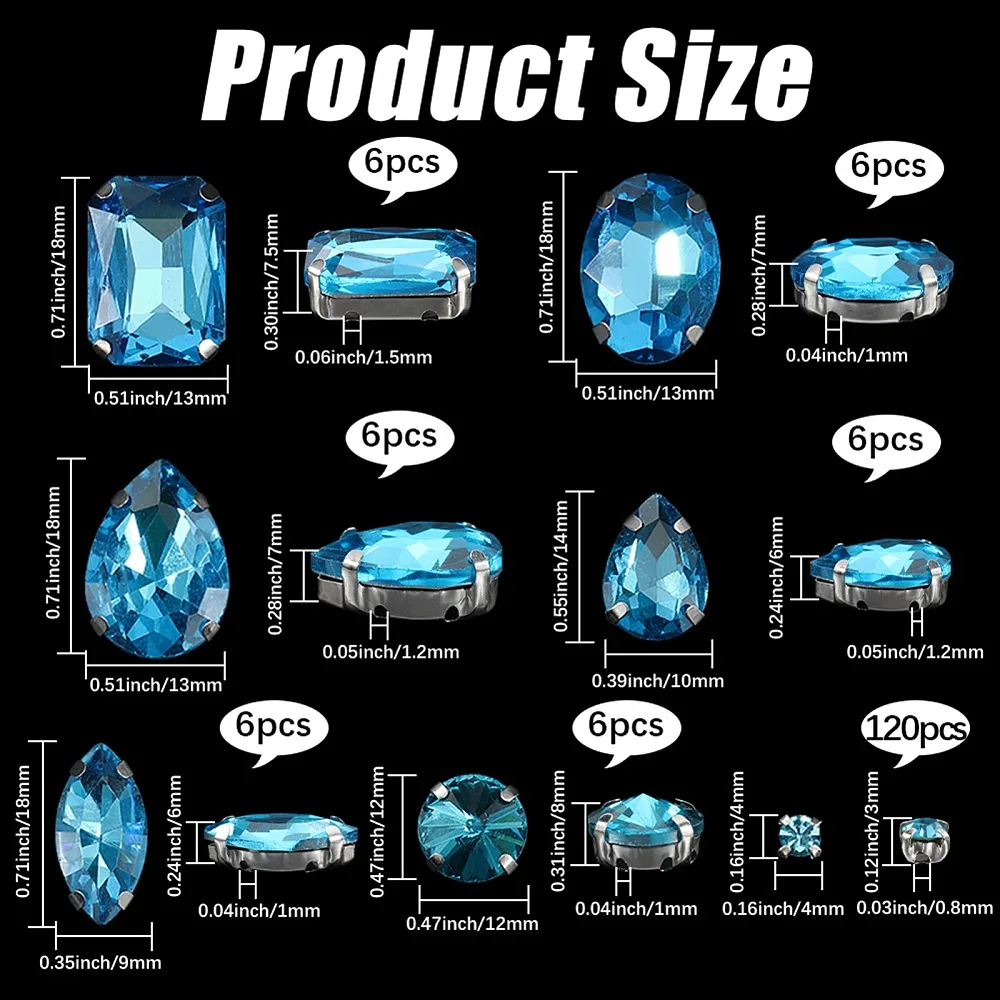 156Pcs 7 Styles Blue Sew on Gems Claw Back Rhinestones Metal Prong Set Aquamarine Small Faceted Rectangle Teardrop Crystals