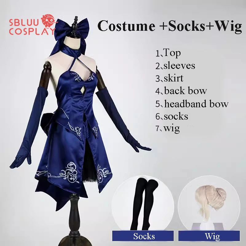 SBluuCosplay Anime FGO Black Saber Altria Pendragon Cosplay Costume Blue Dress Halloween Outfit