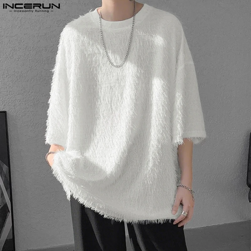 INCERUN الصيف الرجال تي شيرت الصلبة شرابة س الرقبة نصف كم عادية الذكور المحملة القمم الشارع الشهير كبيرة الحجم 2025 موضة الرجال الملابس