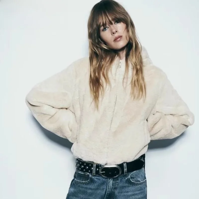 Warmer, mit Fce gefütterter Kunstfell-Jet-Mantel für Damen mit Kapuze, Oberbekleidung, 2023, Herbst, neue Sle, lässige, lockere Passform, normale Länge