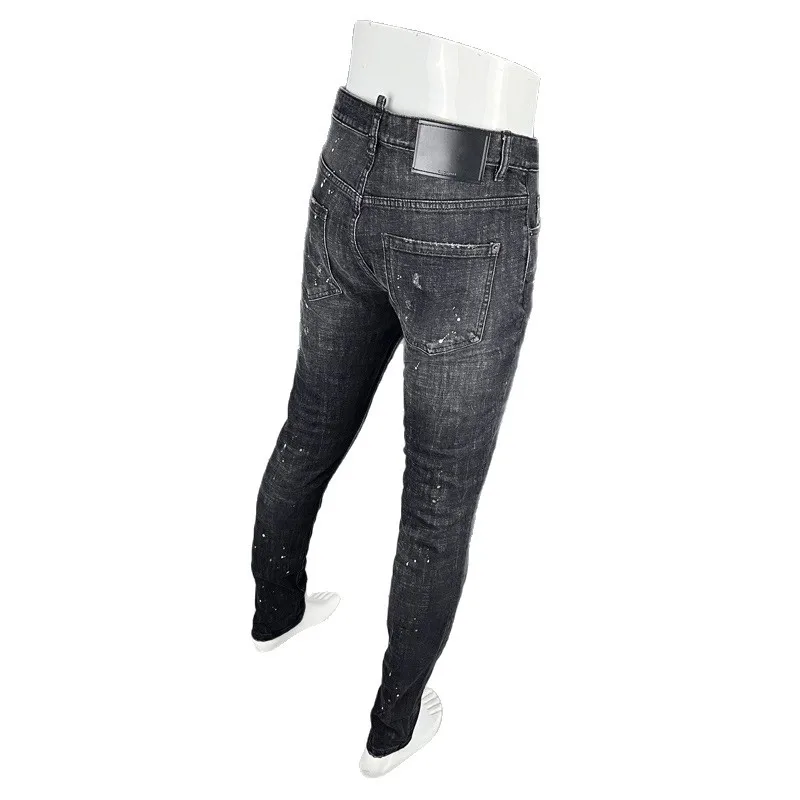 

High street fashion new high-quality jeans painted, scratched, washed, nostalgic, elastic, slim fit, retro black gray jeans desi