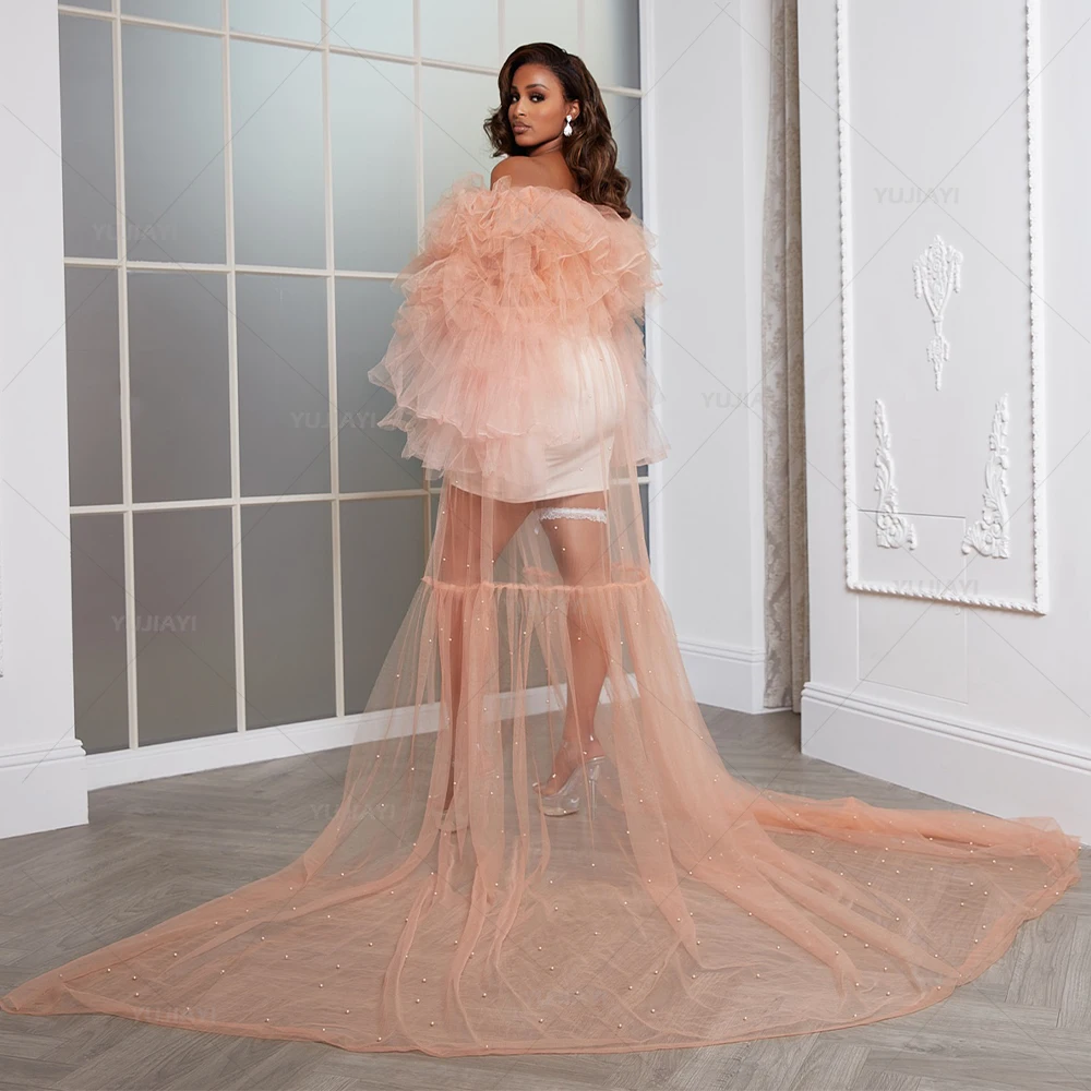 Bridal Robe Pearls Tulle Ruffle Pregnant Woman Dress Custom Made Women Bathrobe Wedding Party Gown Nightwear Photography Dresses