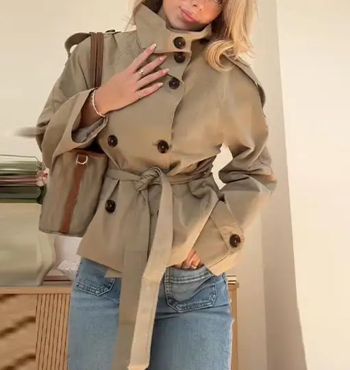 

Autumn Classic and Popular High Neck Double Breasted Trench Coat, Women's British Style Fashionable and Elegant Jacket