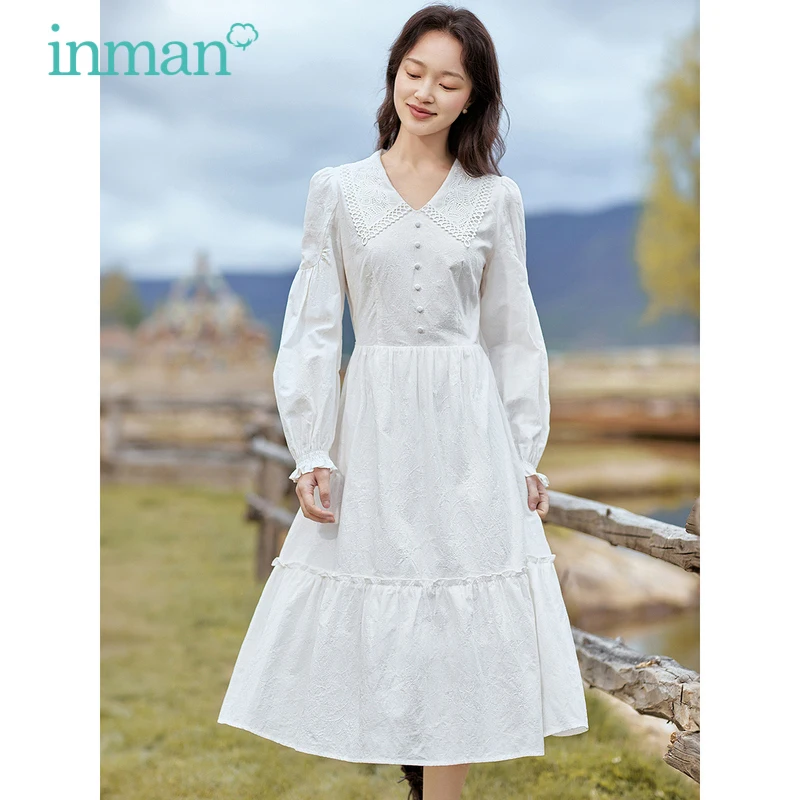 INMAN Women Dress 2023 Autumn Long Sleeve Hollow Hook Flower Lapel A-shaped Jacquard Fashion Elegant White Pink Skirt