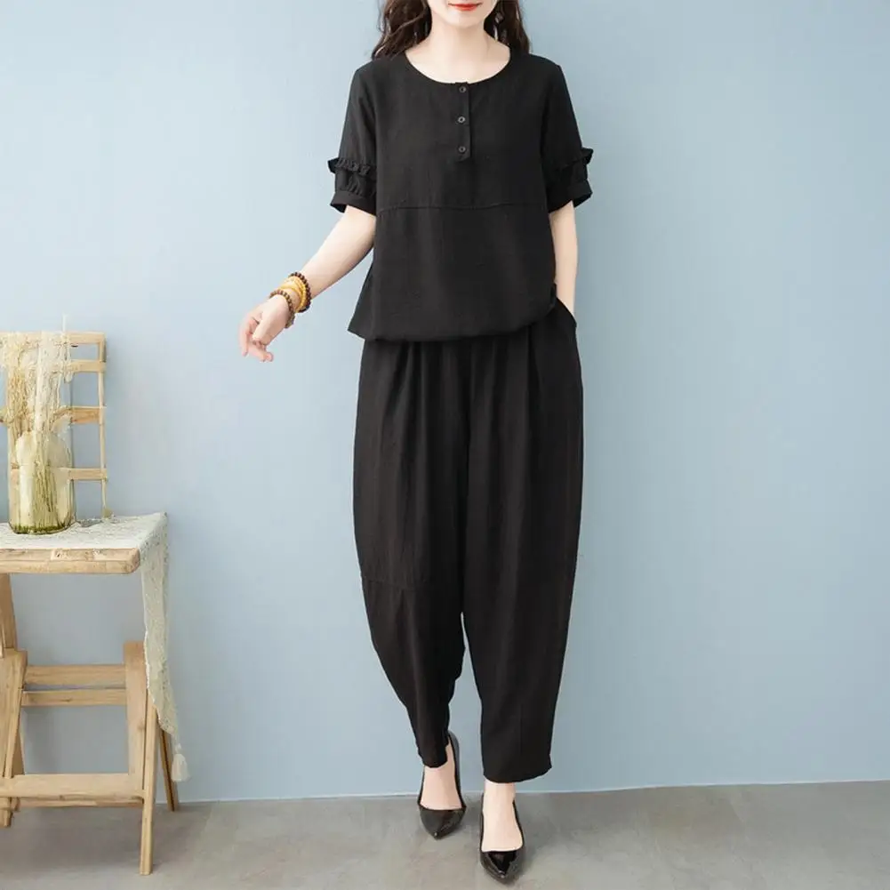 ชุดเสื้อผ้าผู้หญิงทรงหลวมชุดผ้าลินินผ้าฝ้ายผู้หญิงมีสไตล์ชุด 2 ชิ้นพร้อมกระเป๋าสําหรับฤดูร้อนผู้สูงอายุวัยกลางคนสําหรับผู้หญิง