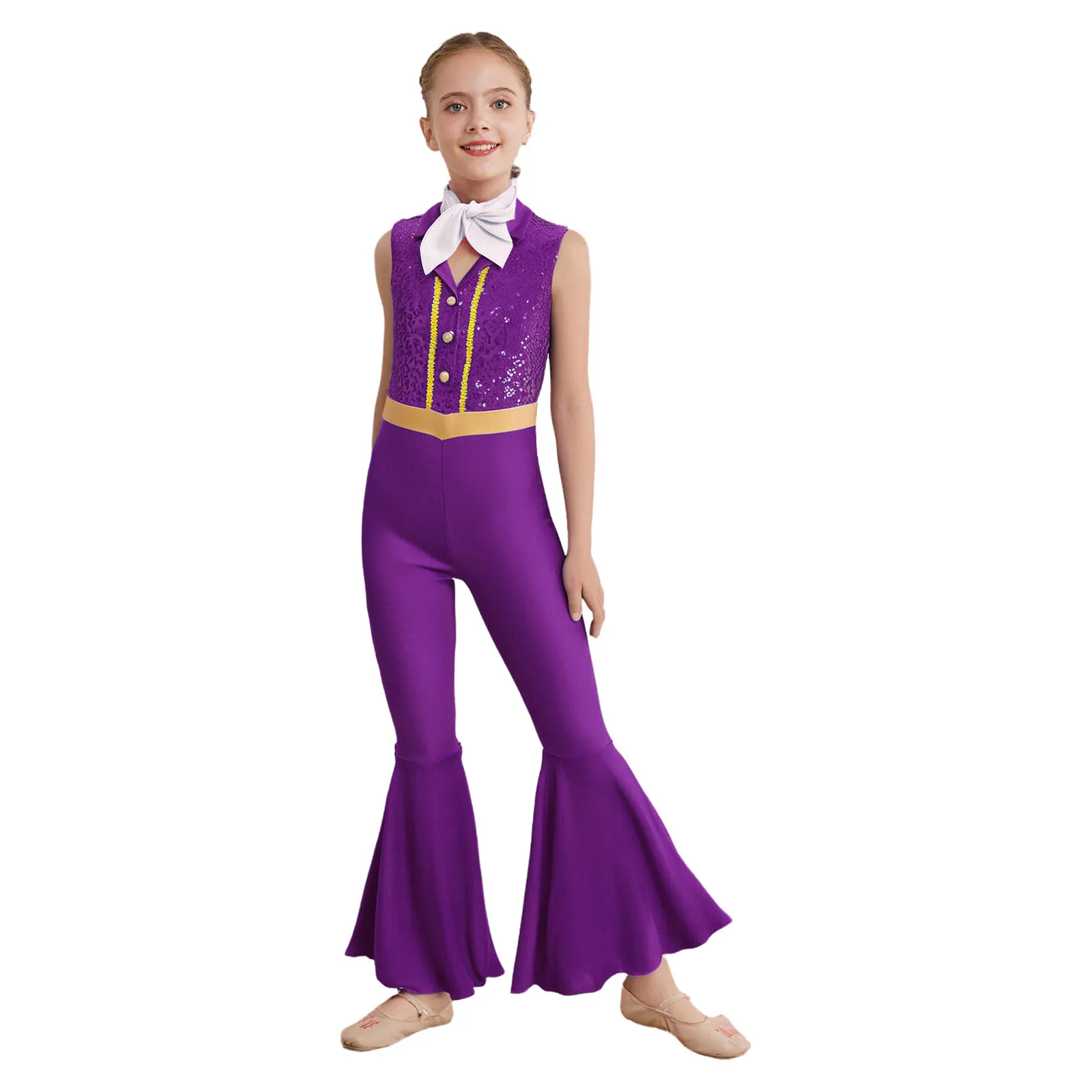 

Kids Girls 80s Disco Jazz Dance Jumpsuit Shiny Sequins Lapel Collar Sleeveless Bell-Bottom Full Body Leotard with Scarf Rompers