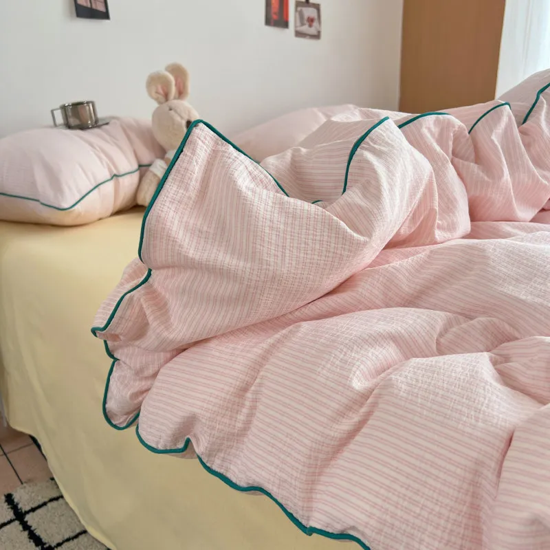 2026 Crinkled Double Gauze Striped Bedding Set Cotton Simple Duvet Cover Flat Sheet Pillowcase Bed Linen Breathable Soft Bed Set