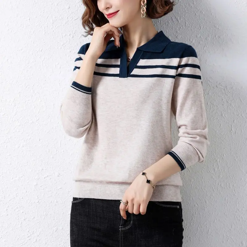 

Simplicity Sven Generous Neat Capable Leisure Comfortable Stripe Office Lady Women's Collar Knitted Sweater Autumn Winter 2024