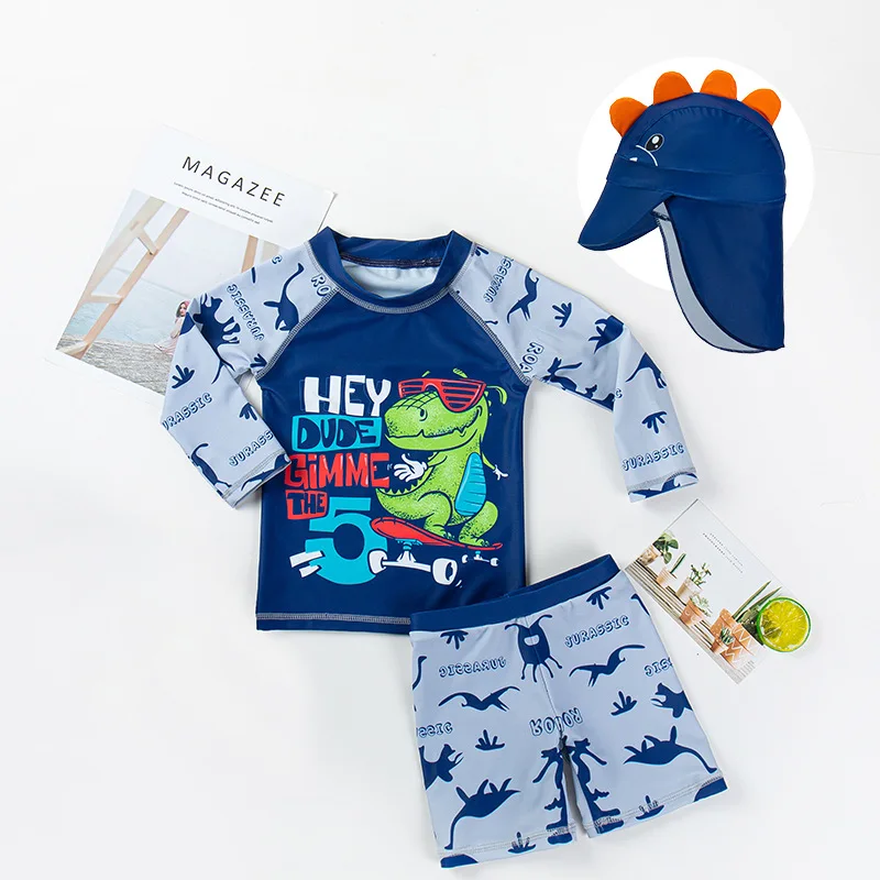 Manga comprida Dividir maiô infantil, meninos óculos de sol, Dinossauros Padrão, Praia Swimsuit, Versão coreana, Conjunto de 3 peças