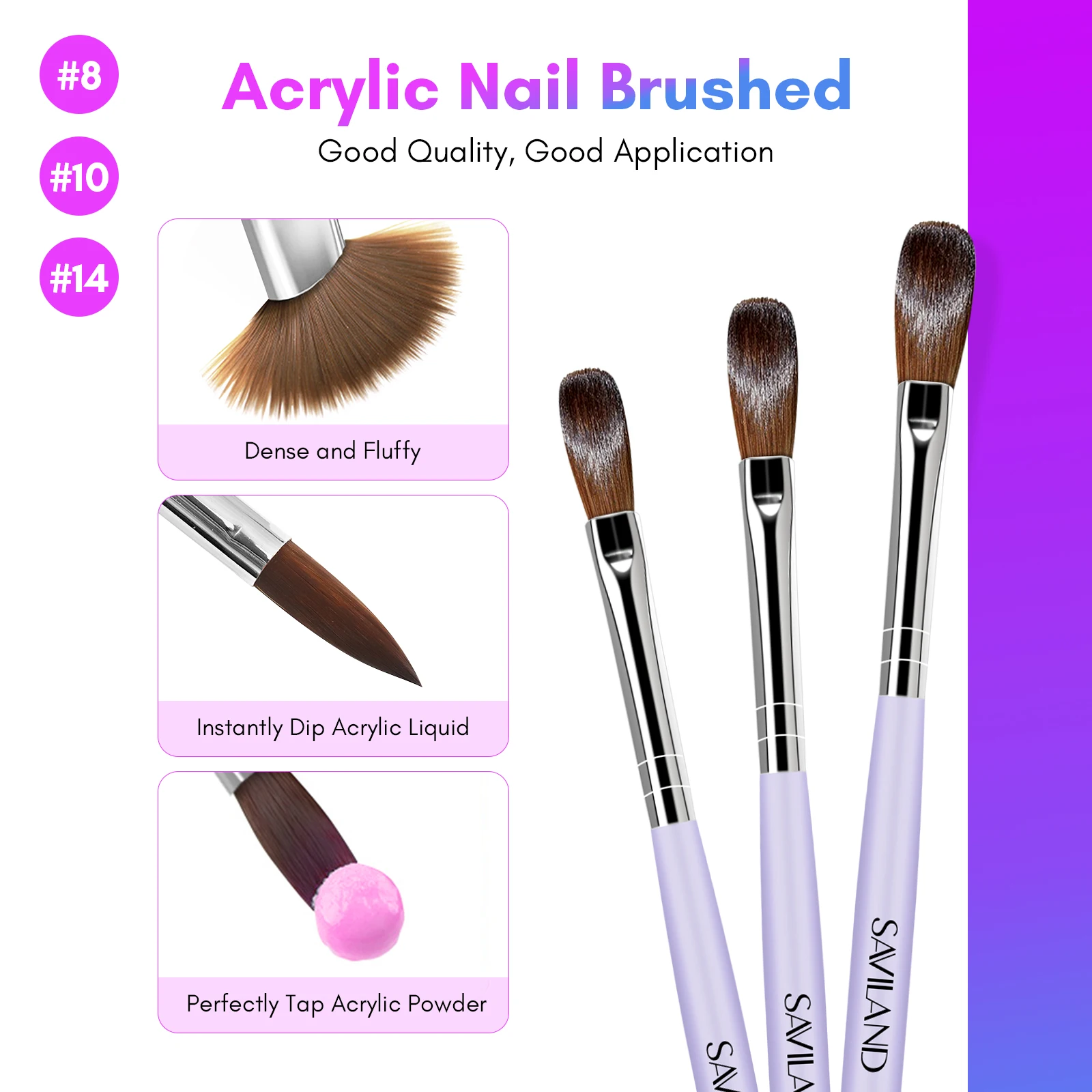 Saviland 240ml Monomer Acrylic Nail Liquid 8 oz with 3pcs Acrylic Brushes Size 8/10/14 for Acrylic Powder Nail Art DIY Salon