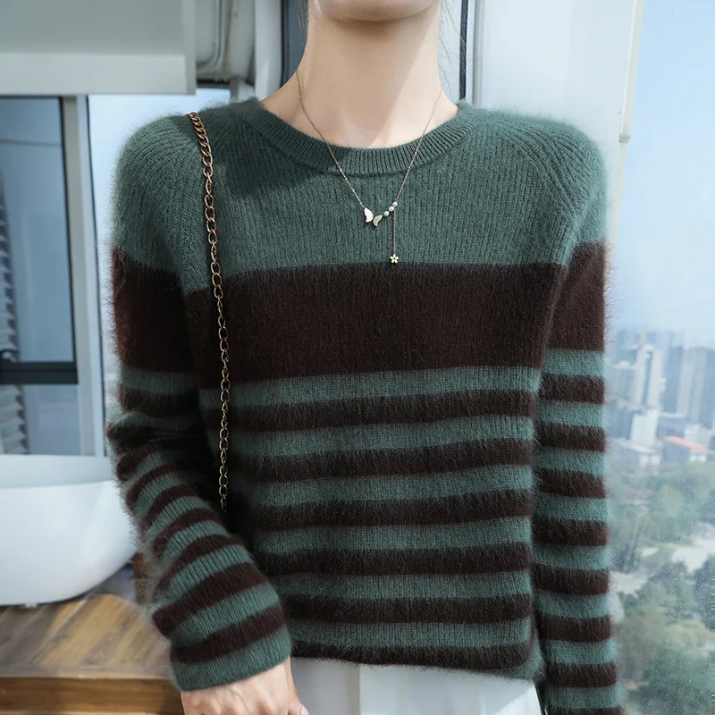 

Fall/Winter New Color Matching Jacquard Crewneck Mink Wool Sweater Women's Loose Pullover Shoulder Knitted Bottom Sweater