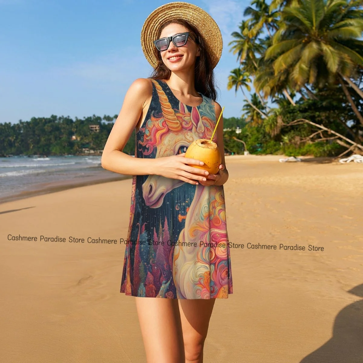 فستان نسائي فانتاسي يونيكورن صيفي كاجوال فساتين تي شيرت لتغطية الشاطئ فستان بدون أكمام #4