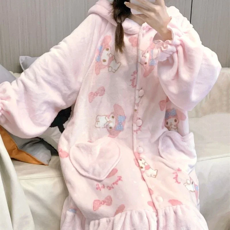 Sanrios My Melody Anime Kawaii Cute Coral Fleece Pajamas Women Winter Thickened Plush Hooded Home Nightwear Christmas Gifts