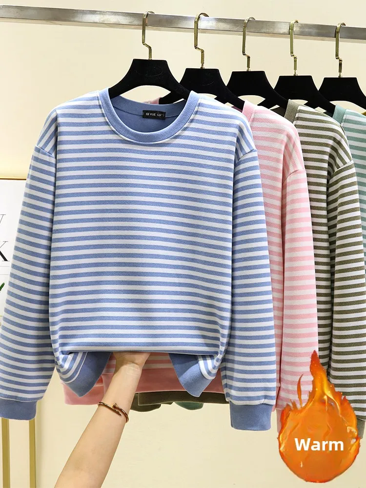 Winter Warm Striped Hoodie Women's Fleece Lined Brushed Sleepwear Casual Loose round Neck Long Sleeve Base Shirt July Deer Brand