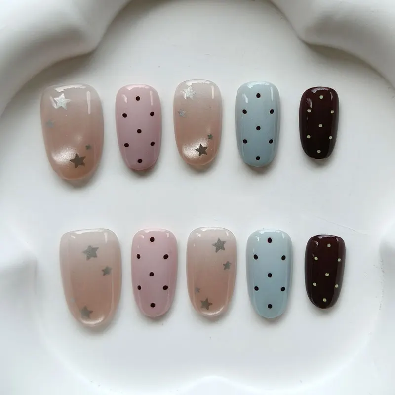 10 Stück Süße Niedliche Vergoldete Polka Dot Sterne Kurze Mandel Wiederverwendbare Nagelkunst Französischer Stil Katzenaugen-Nagelaufkleber Aufklebnägel – Detail 11