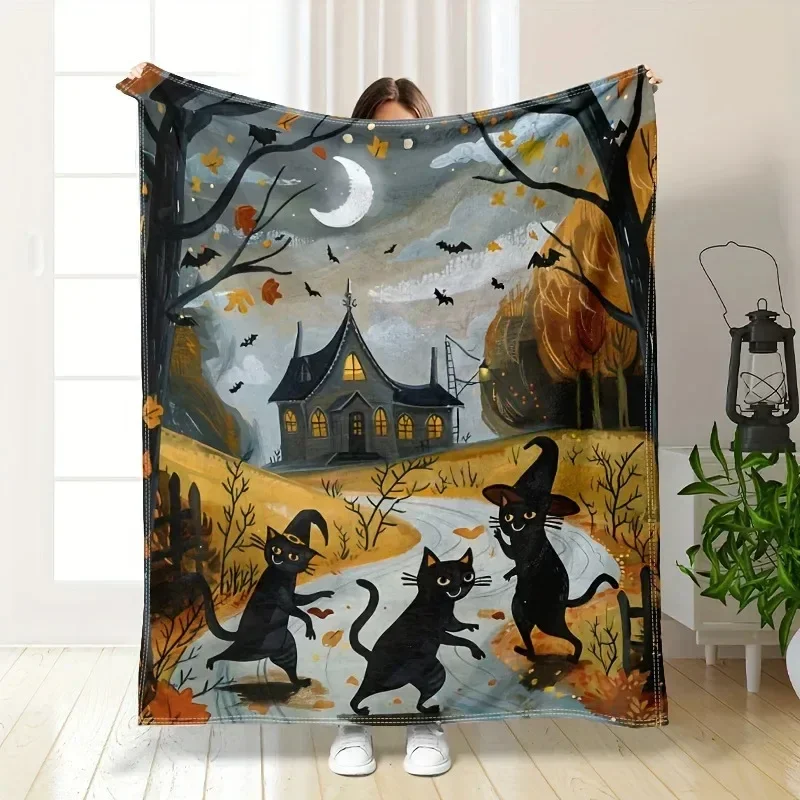 Halloween Black Cat Flannel Throw Blanket Soft Warm For Couch Bed Office Travel Perfect Holiday Gift And Home