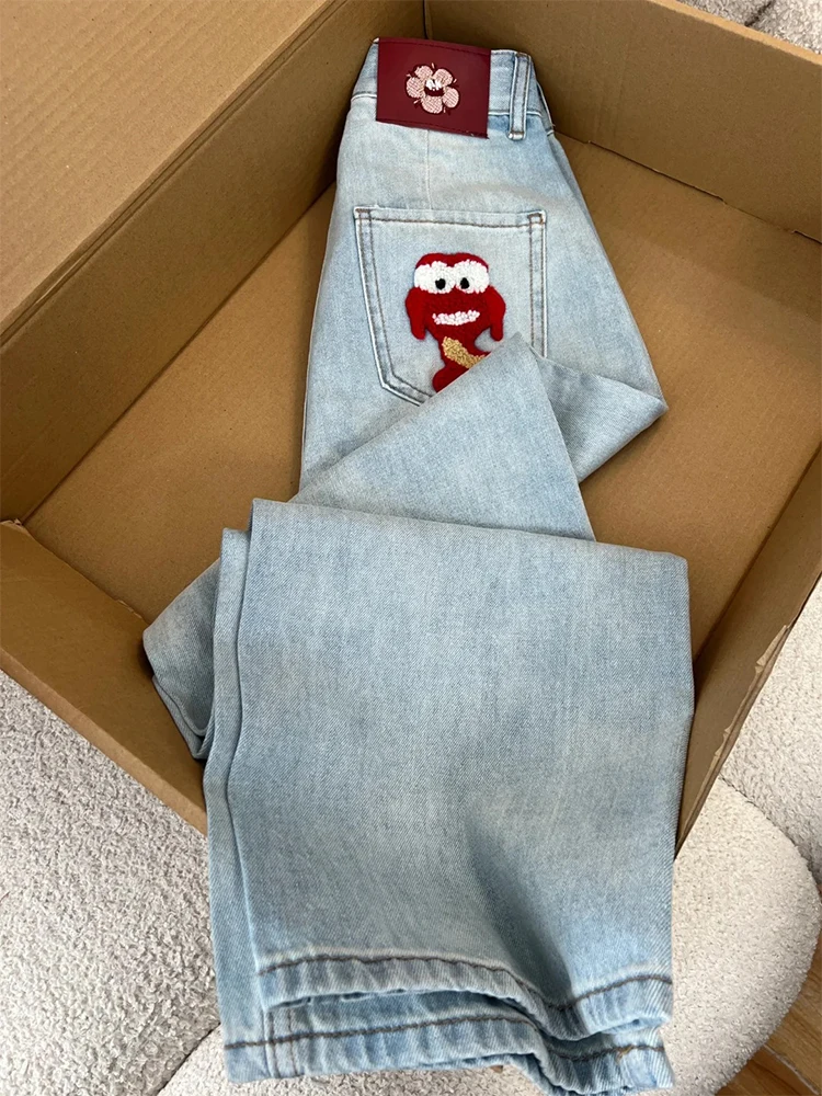 

Slimming High Waist Wide Leg Embroidered Denim Jeans Women's New Style plus Size Cover Hip Straight Cut Trendy Pants