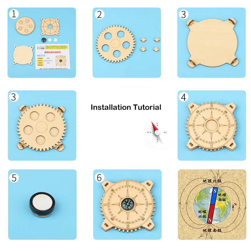 Brújula de madera casera para niños, Kit de Material hecho a mano, juguetes de ciencia, pequeña producción, iluminación científica