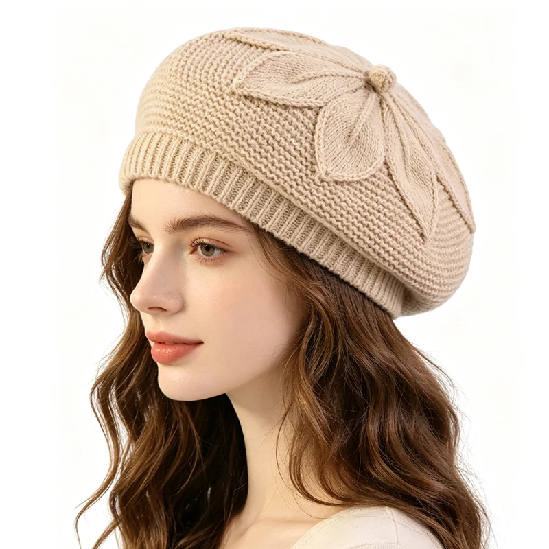 Women's Vintage Knit Beret Hat with Flower Pattern Warm Soft Beanie Cap for Winter Fashion Daily Wear Painter Cap