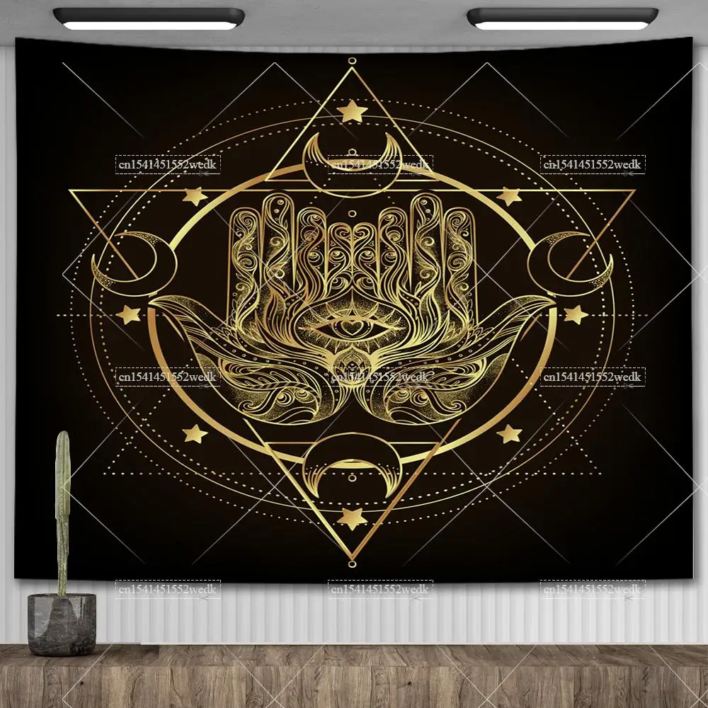 Black Gold Hamsa Hand Tapestry Hippie Bohemian Mandala Evil Eye Wall Tapestry Aesthetic Bedroom Decoration Yoga Meditation