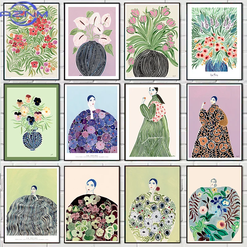 AZNM 1PCS frameless Canvas paintingTulip Violets Vase Woman Coat Flower Posters Light Green Abstract Aesthetics Canvas Painting