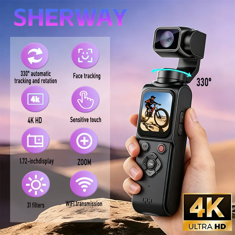 Câmera de ação 4K Wifi 330 ° com rotação automática Len Pocket Camera 1.72 "Touchscreen Zoom Sport Cam portátil Vlog Gravador de vídeo Ciclismo