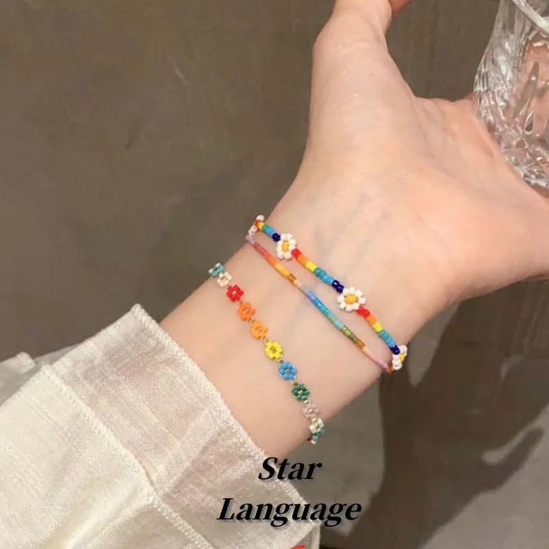 

Star Language Bohemian Floral Necklace Colorful Rice Beads Beaded Bracelet Necklace for Women Jewelry Set Accessories Daily Wear