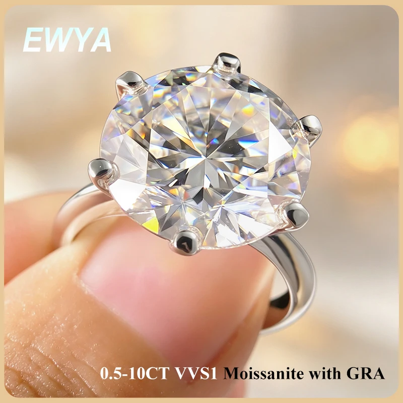 EWYA GRA Certified 0.5-10CT D Color Moissanite Solitaire Engagement Rings for Women Silver 925 Wedding Bridal Big Diamond Band
