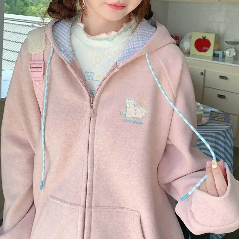 

Embroidery Hoodies Women Clothing Street Fashion Patchwork Vintage Zip Up Hoodie Woman Loose Rest Sweatshirt Clothes Tops